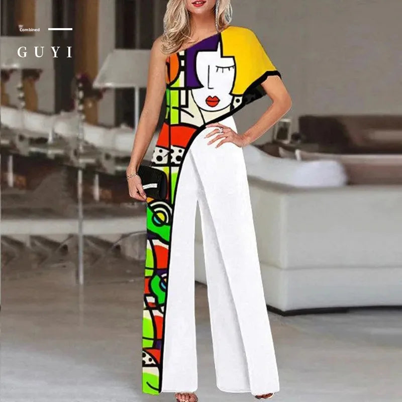 Fashionable Printed Loose-Fit Women's Jumpsuit Casual Style Cross-Border Amazon Style 2022 Women's Clothing Bell Bottoms.
