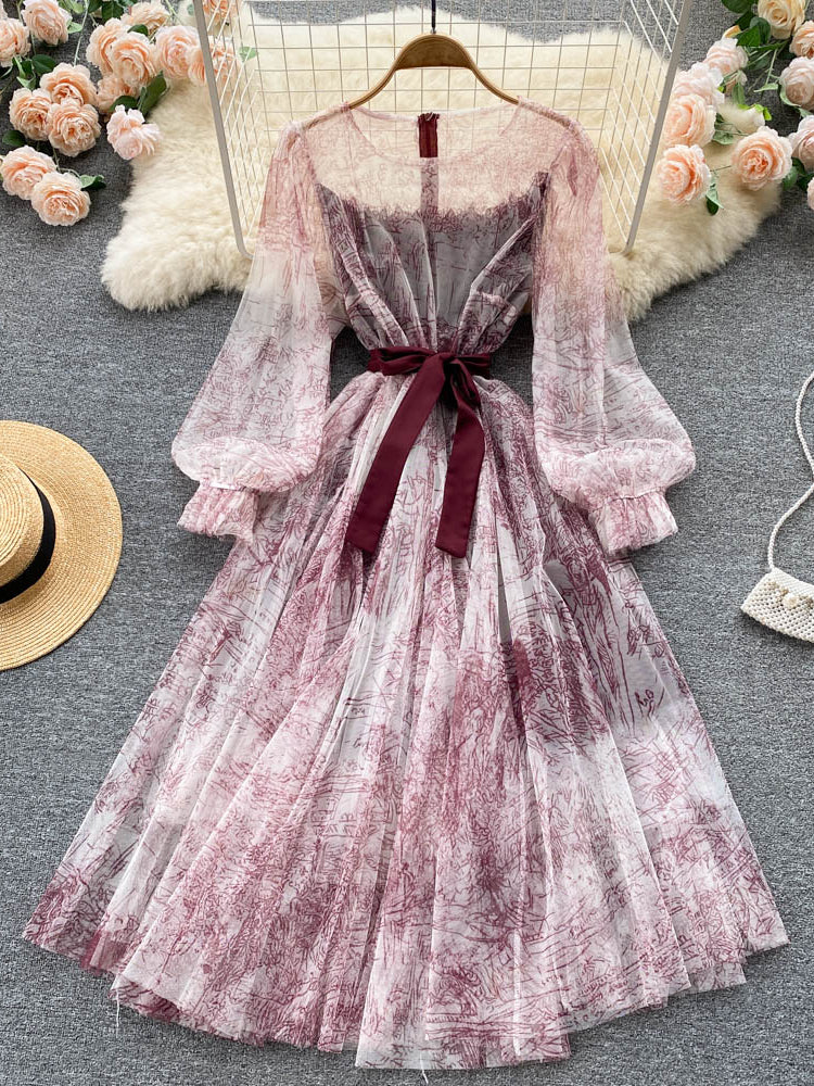 Elegante Frauen Mesh Kleid Vintage Laterne Ärmeln Gedruckt Party Kleider Frühling Sommer Patchwork A Line Bandage Strand Kleid.