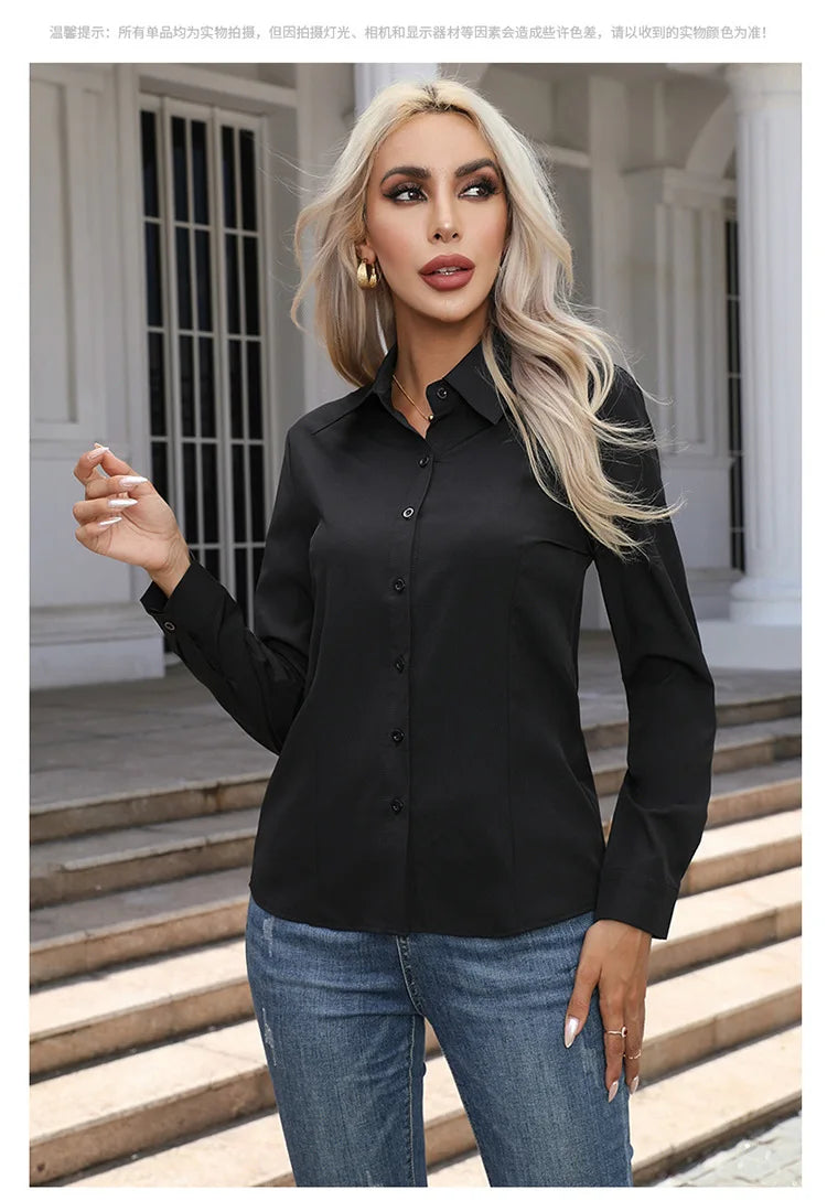 1pcs Woman Spring Autumn Solid color Shirts Lady Casual Long Sleeve Turn-down Collar Loose Shirt Female Fashion Temperament Tops.