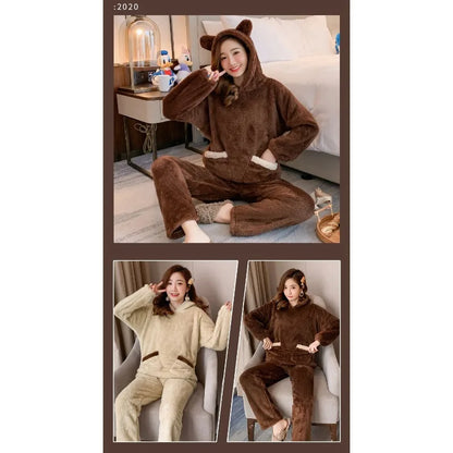 Verdickte warme Flanell Herbst und Winter Frauen Cartoon Plüsch mit Kapuze Bär Nachtwäsche Loungewear zweiteilige solide Nachtwäsche Homewe.