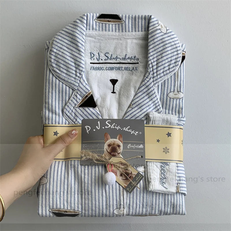 Black Cartoon Sleepwear Long Sleeve Top Pant Soft Cotton Pajamas Suit 2Pcs Embroider Letter Homewear Lady Autumn Loungewear.