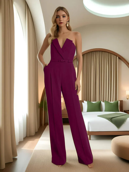 CM.YAYA Women Wide Leg Strapless V-neck Sleeveless Jumpsuits 2025 Summer OL Beach Night Club Party Street One Piece Suit Romper.