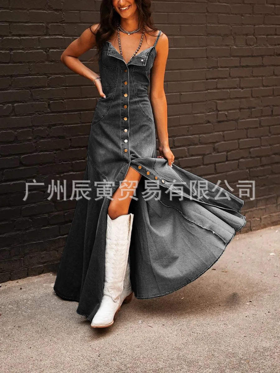 Europa und die Vereinigten Staaten Retro Wash Do Old Denim Neckholder Slim Single-Breasted Big Swing Kleid für Damen Sommer Vestidos.