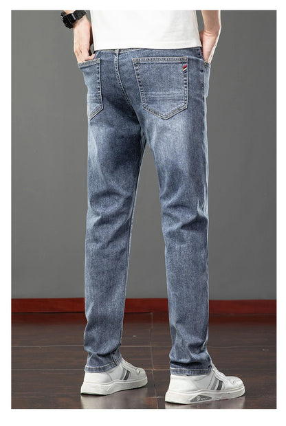 Spring Summer Thin Slim Fit Jeans Mens Elastic Straight Casual Business Denim Pants Washed Classic Brand Clothing Men Trousers