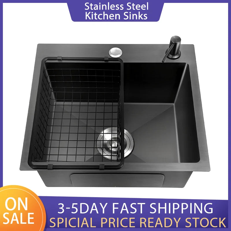 Schwarzes Nano-Waschbecken, einzelnes Waschbecken, kreative Küchenspülen aus Edelstahl, Abflussset für Zuhause, handgefertigtes Waschbecken, Küchenzubehör