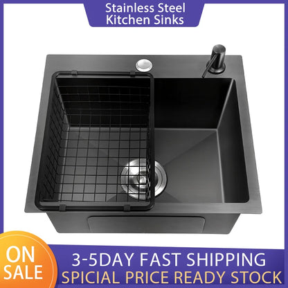 Schwarzes Nano-Waschbecken, einzelnes Waschbecken, kreative Küchenspülen aus Edelstahl, Abflussset für Zuhause, handgefertigtes Waschbecken, Küchenzubehör