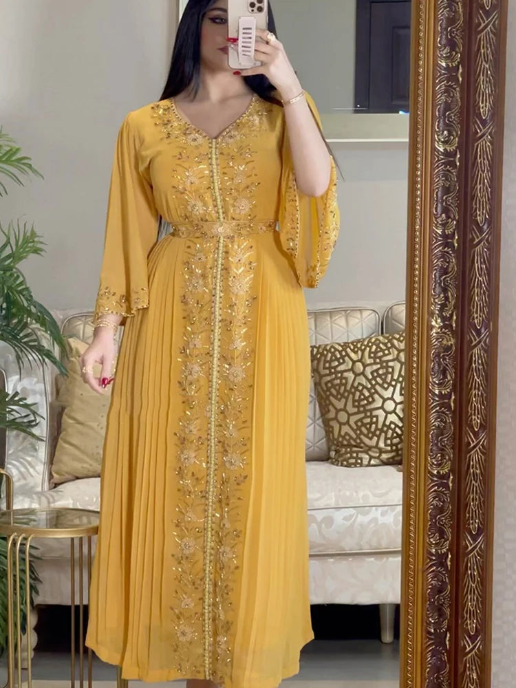 Evening Party Dress Women Eid Morocco Muslim Abaya for Women Diamond Islamic Embroidery Dresses Belt Kaftan Vestidos Maxi Abayas.
