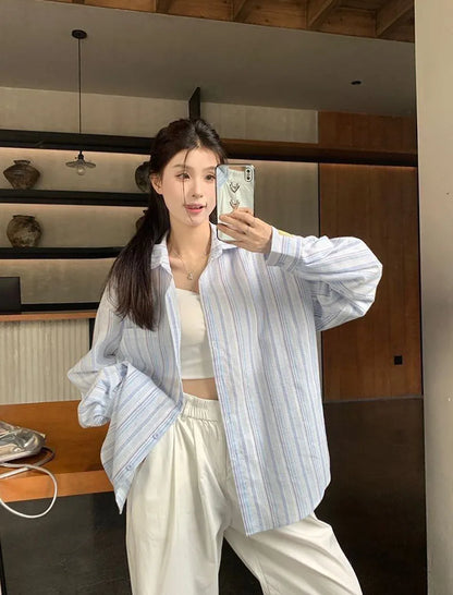 Pink Striped Shirt Women Korean Style Loose Long Sleeved Button Up Blouse Ladies Autumn New Wild Streetwear Casual Shirts 2025.