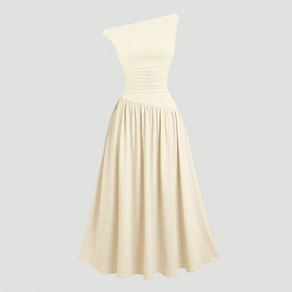 Mia Muse Kleider Sommer Französisch Einfarbig Asymmetrische Falten Ärmellose One-Shoulder Drapierte Midi Basics Kleider Für Frauen.