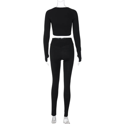 Hugcitar Pure Color Long Sleeve Crop T-Shirt Legging 2 Piece Matching Sets 2024 Spring Women Fashion Streetwear Sports Tracksuit.