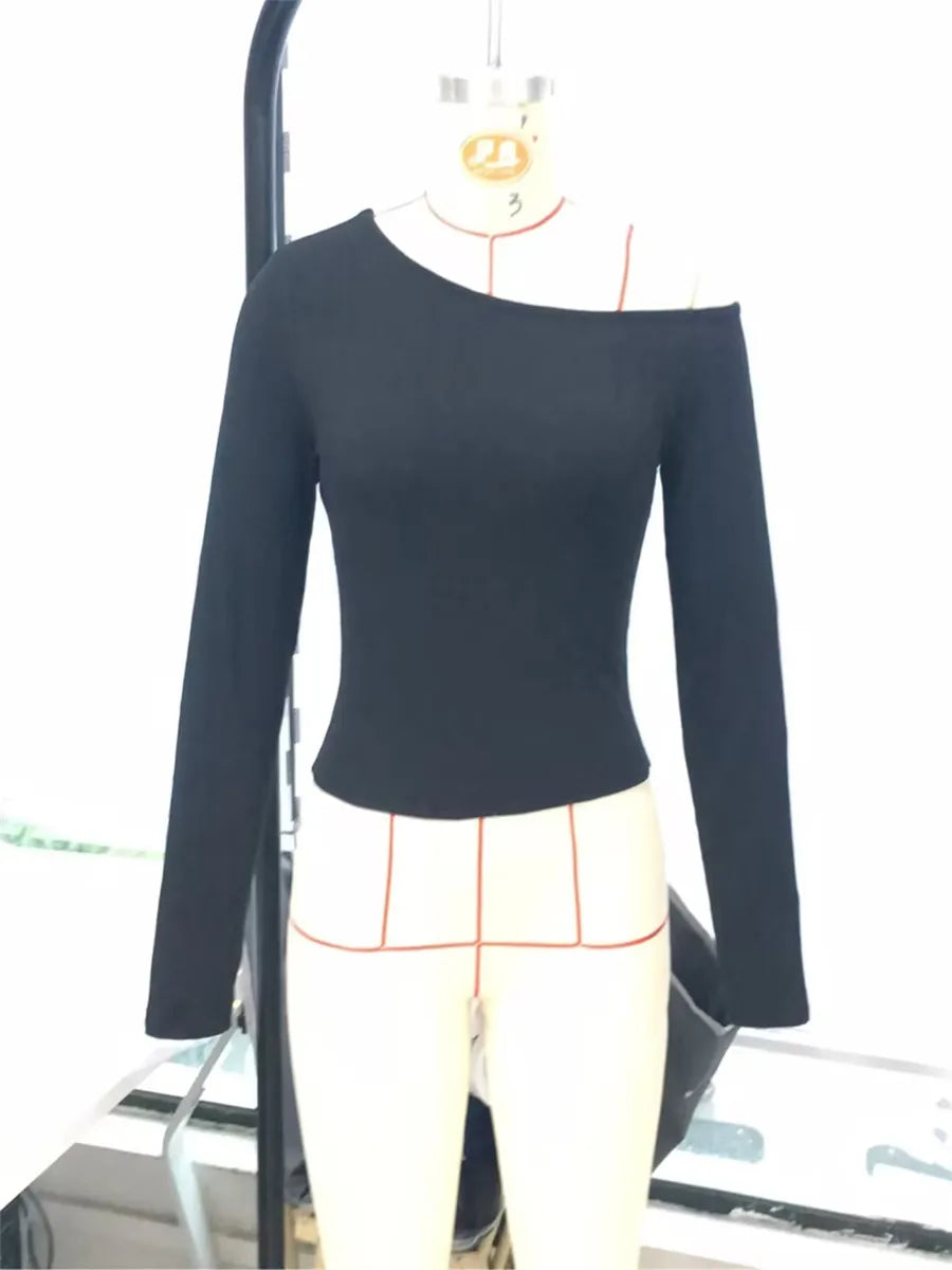 Women's One Shoulder Pullover Tops Slim Fit Solid Color Slash Neck Long Sleeve Showing Navel Asymmetrical Basic Shirt for Fall.