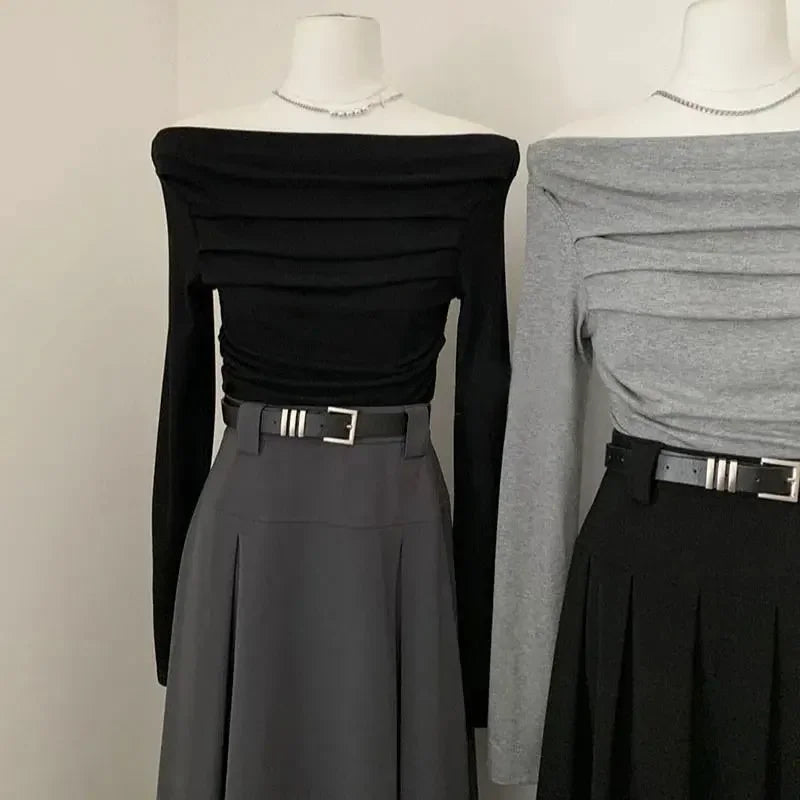 JOEVILU Pleated Off Shoulder Crop Tops Women's Slim Fit Long Sleeve T-shirt Korean Fashion Niche Base Shirt Aesthetic Clothes.