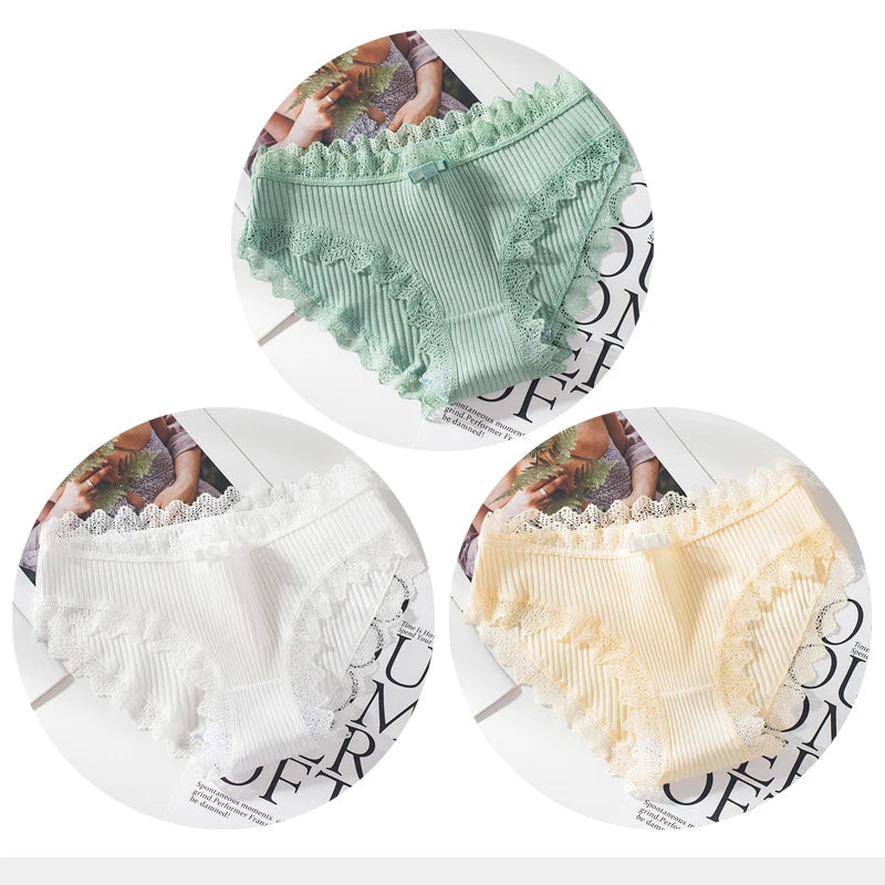 Cotton Panties Woman Sexy Lace Briefs Fashion Solid Color knickers Girls Bow Underpants Set Underwear 3 Pcs/lot