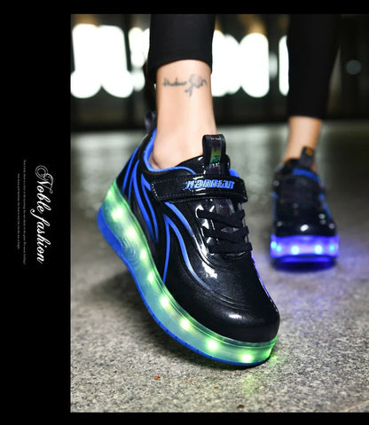 YUNICUS Led Light Boys Girls Shoe USB Charging Black Two Wheels Luminous Sneakers Roller Skate Shoes for Children Kids Led Shoes.