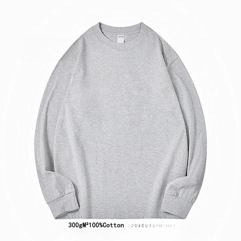 Spring Autumn 300g Heavy-duty Pure Cotton Long Sleeved  T-shirt FLoose White Top Thick Base Layer Underneath for Men and Women.