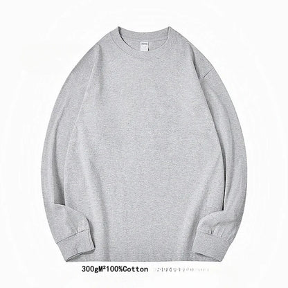 Spring Autumn 300g Heavy-duty Pure Cotton Long Sleeved  T-shirt FLoose White Top Thick Base Layer Underneath for Men and Women.