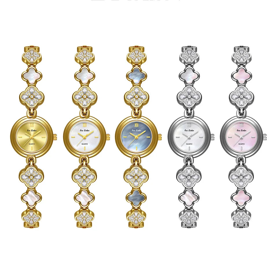 Women's Watch Lucky Four-Leaf Clover Bracelet Elegant Crystal Dress Watches for Women Fashion Luxury Small Quartz Ladies Clock.