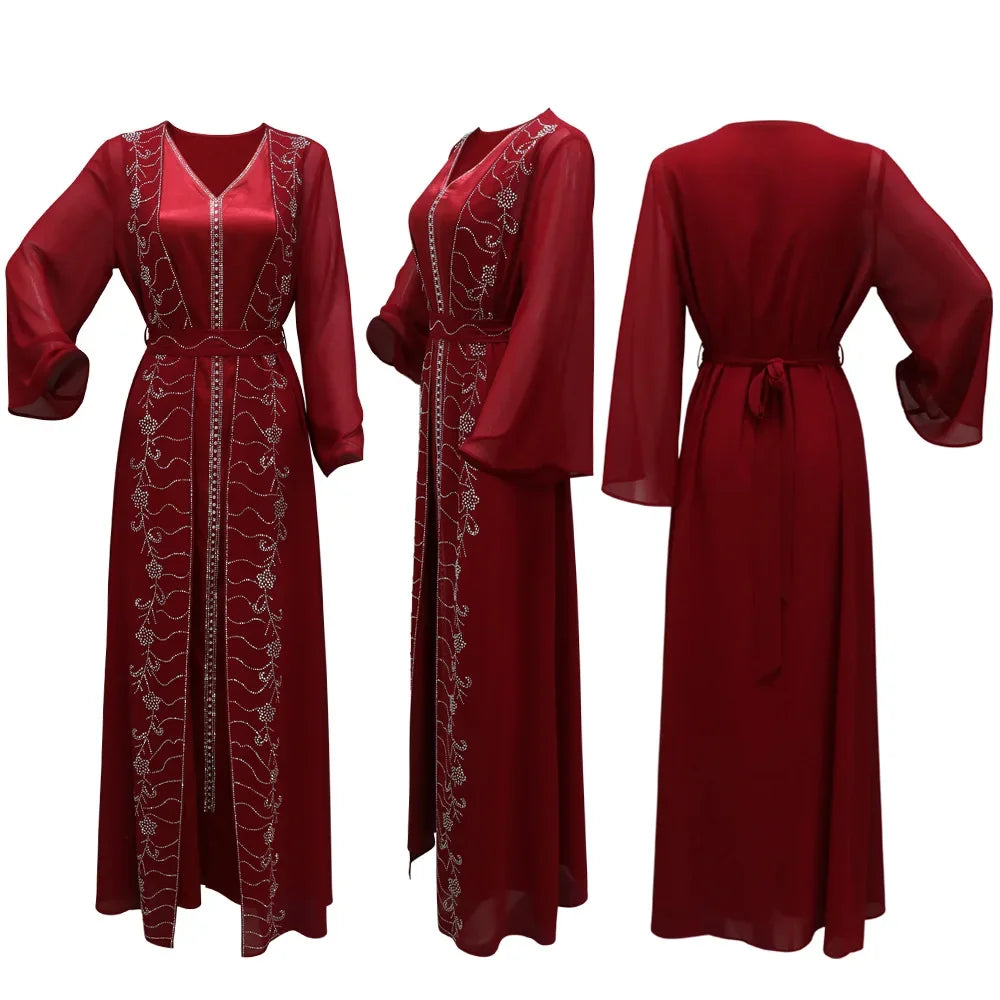 Muslim Set Dress Women Four-season Commute Muslim Set Fashion Party Dubai Turkey Long Sleeve Chiffon Cardigan Dress and Vest 2ps