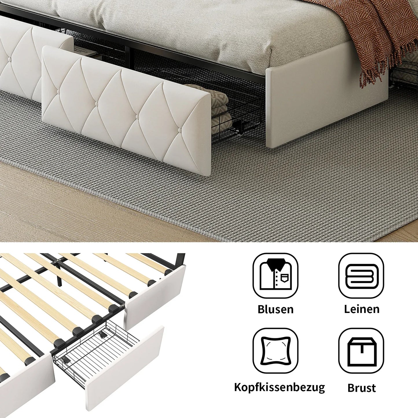 Lazyspace 4 Schubladen + RGB-LED-Kopfteil-Bettgestell, PU-Polsterbett, moderne Queen-Size-Einzel-Doppelbetten, Schlafzimmermöbel