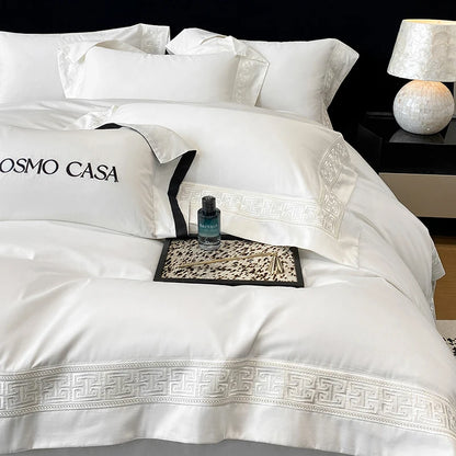 100% Egyptian Cotton White Luxury Embroidery Hotel Style Bedding Set Duvet Cover Set Flat/Fitted Bed Sheet Pillowcases 4Pcs.