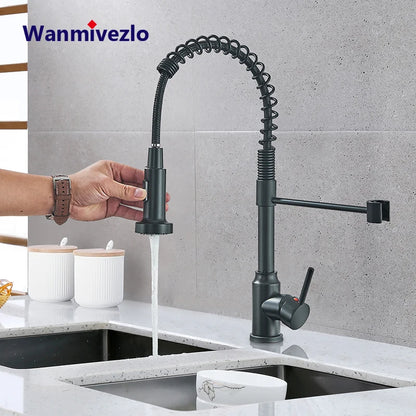 Spring Pull Down Kitchen Faucets Stream Spray Head Hot Cold Water Tap Stainless steel Rotation Kitchen Mixer Tap Crane