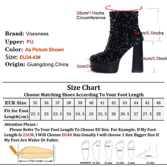 Plus Size 43 Woman Heel Thick Bottom Short Boots Night Club Round Toe Platform Stage Shoes Black Sequin Bling Boots For Women.