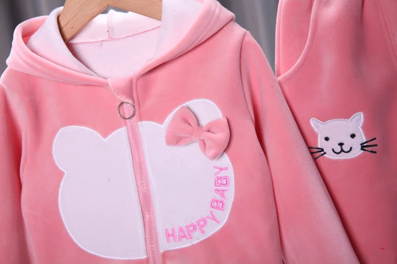 2025 new girl plus velvet sleeve winter warm and thick cartoon hat-connected top+pants two-piece 0-4-year-old children's set.
