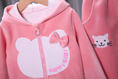 2025 new girl plus velvet sleeve winter warm and thick cartoon hat-connected top+pants two-piece 0-4-year-old children's set.