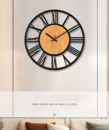 3D Große Wanduhren Nordic Römischen Ziffern Retro Runde Holz Metall Eisen Genaue Stille Hängende Ornament Wohnzimmer Dekoration