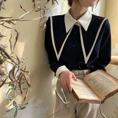 MEXZT Vintage Chiffon Shirts Women Elegant Patchwork Long Sleeve Blouses Office Lady Korean Black Turn Down Collar Casual Tops.