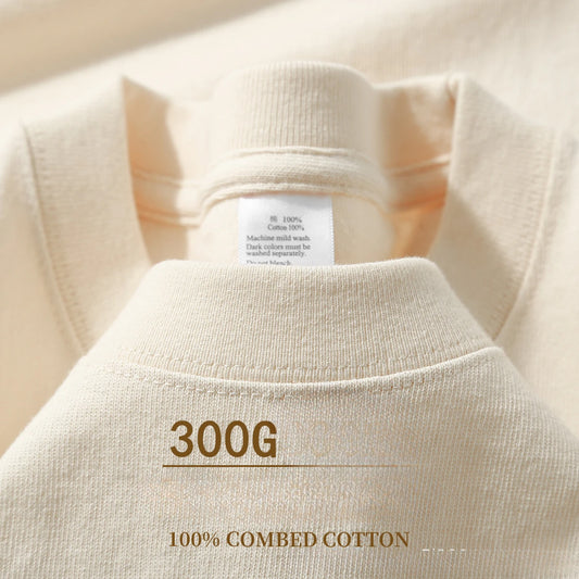 Beige 300g Heavyweight Cotton Short Sleeved T-shirt Summer Round Neck Loose and Base Shirt for Men Women Basic Tee.