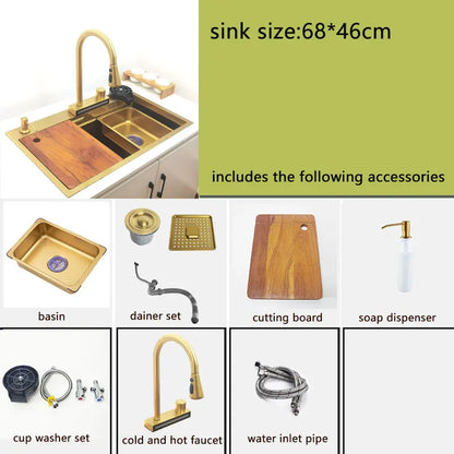 Gold Wasserfall Wasserhahn Küchenspüle Nano Waschbecken 304 Edelstahl Golden Topmount Single Bowl Waschbecken 4-Funktions-Küchenarmatur