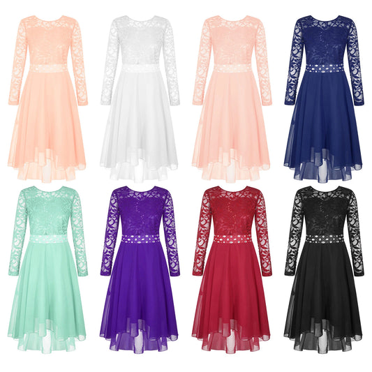 Elegantes Spitzen-Partykleid für Kinder, Mädchen, Chiffon, Spleißen, langärmelig, Kleid mit hohem und niedrigem Saum und Strass-Schärpe für Hochzeit, Geburtstag.