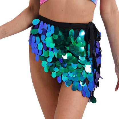 Womens Sequins Dance Skirt Lace-Up Mermaid Hip Scarf Wrap Long Belly Dance Hip Skirt Festival Dance Stage Performance Costumes