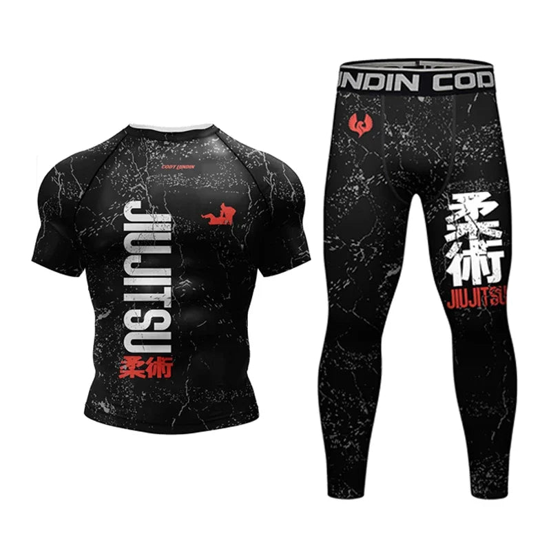 New Jiu Jitsu Rashguard MMA T-shirt +Pants For Men 4PCS/Set Brazilian Grappling Bjj Boxing Rash Guard Sport Clothing Gym Shorts.