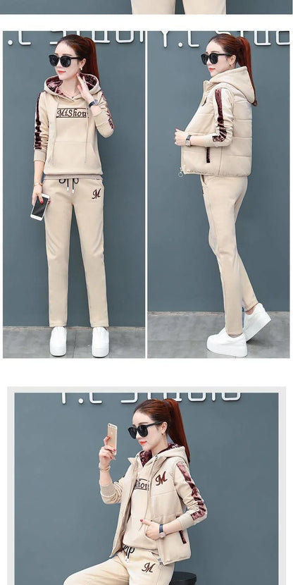 2024 Autumn Winter New Women's Casual Sweat Suit Fashion Plush Thickened Hooded Tops Waistcoat Pants 3 Three Piece Set For Women.