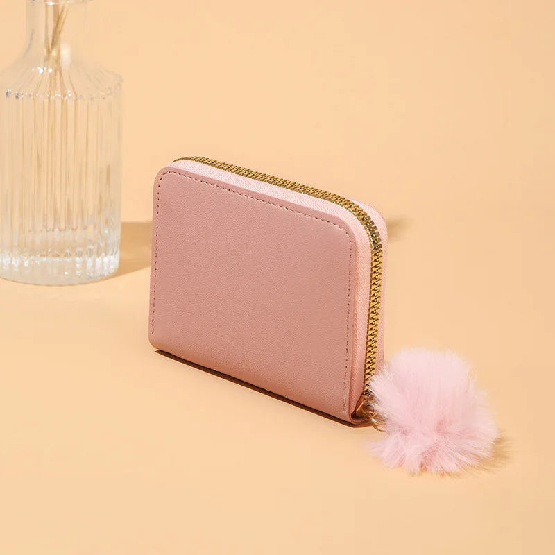 Women Fashion Zipper Wallet with Hairballs Simple Versatile Short Coin Purse Multi-Functional Multi-Card Slot Card Bag.