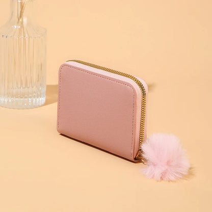 Women Fashion Zipper Wallet with Hairballs Simple Versatile Short Coin Purse Multi-Functional Multi-Card Slot Card Bag.