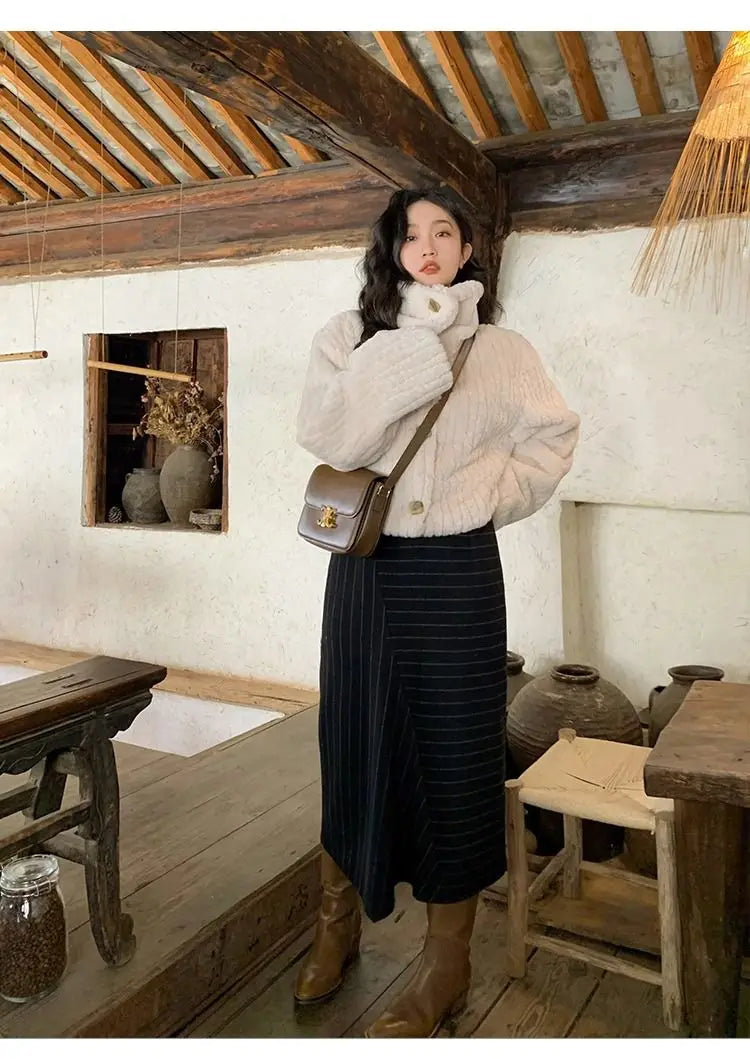 2025 Winter Fashion Stand Collar Warm Plush Short Jacket Women Autumn Retro Street Thickened Loose Harajuku Casual Short Jacket