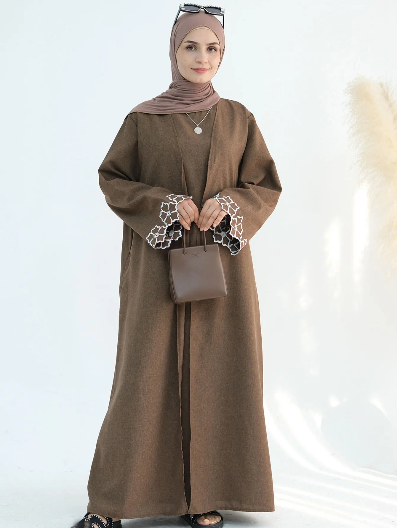 Chic Coffee Color Outer Piece Abaya Geometric Cuff Embroidery Ideal Modern Muslim Women Suitable for Daily/Semi formal Occasion.