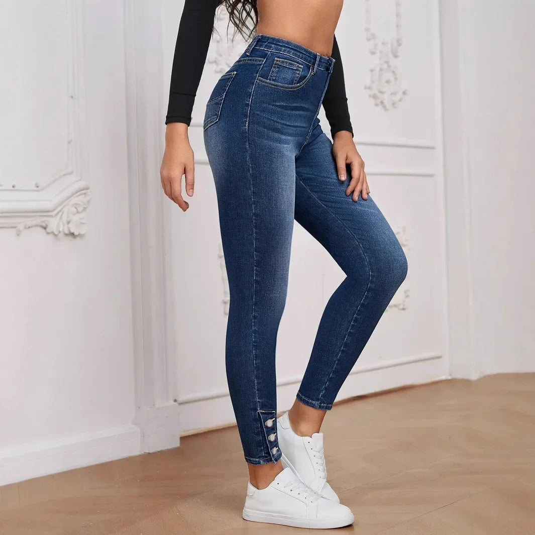 New 2025 Women's Slim Fit Elastic Jeans Nine-Piece Buttoned Bootcut Denim Pants Mid Waist Small Foot/Pencil Jeans.