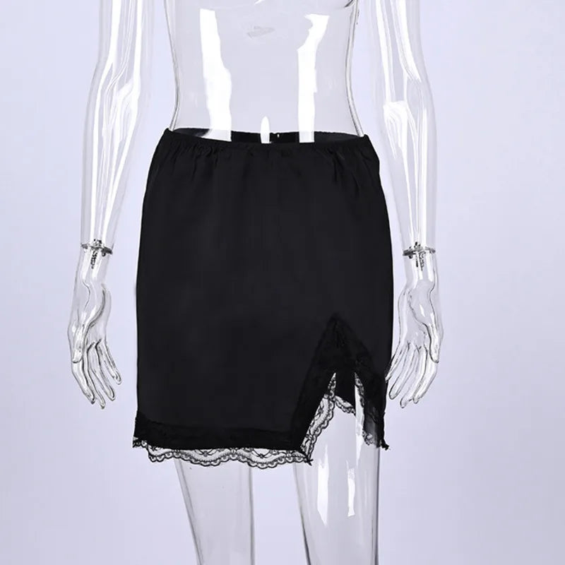 New Lace Patchwork Fashion Mini Skirt Split High Waist Sexy Black Skirt Summer Office Lady Skirt High Street Short Skirt Women.