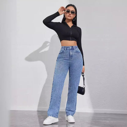 Women's High Waist Loose Comfortable Slimming Fashionable Straight Leg Casual Long Jeans Durable Quality from Mainland China.