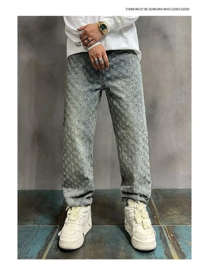 Jacquard All Over High Street Jeans Mens 2024 New Straight Lift Pattern Loose Wide Leg Jeans Casual Boyfriend Jeans Pants Tide.