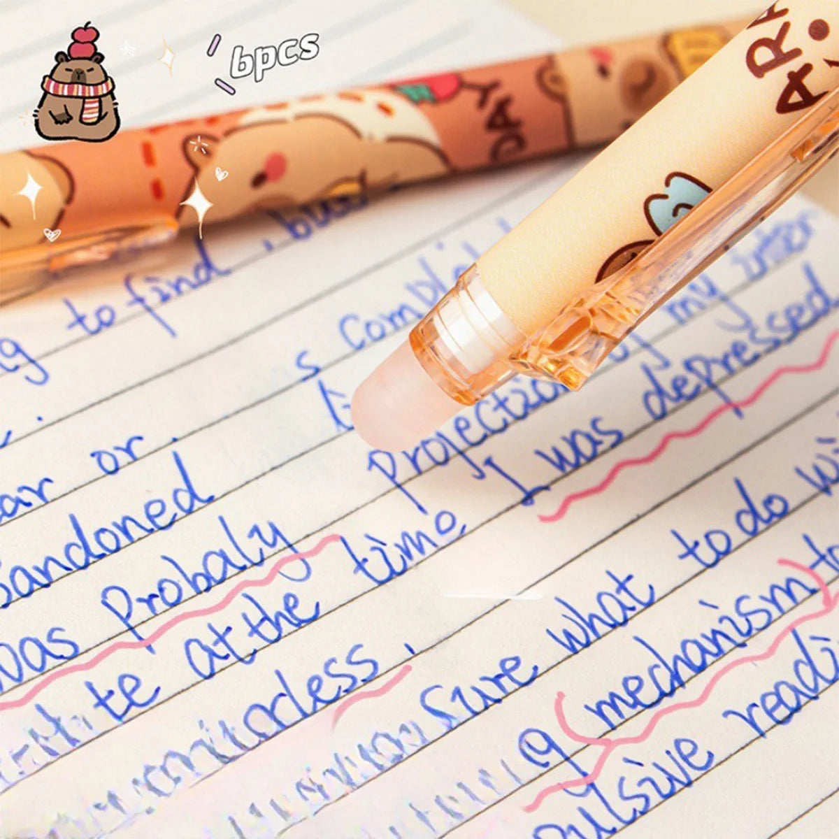 Capybara löschbare Stifte, 6 Stück, nachfüllbare Tinte, Gelstift, wischfrei, niedliches Tier, Schulbedarf für Studenten, Büro, Schreibwaren, Geschenke.