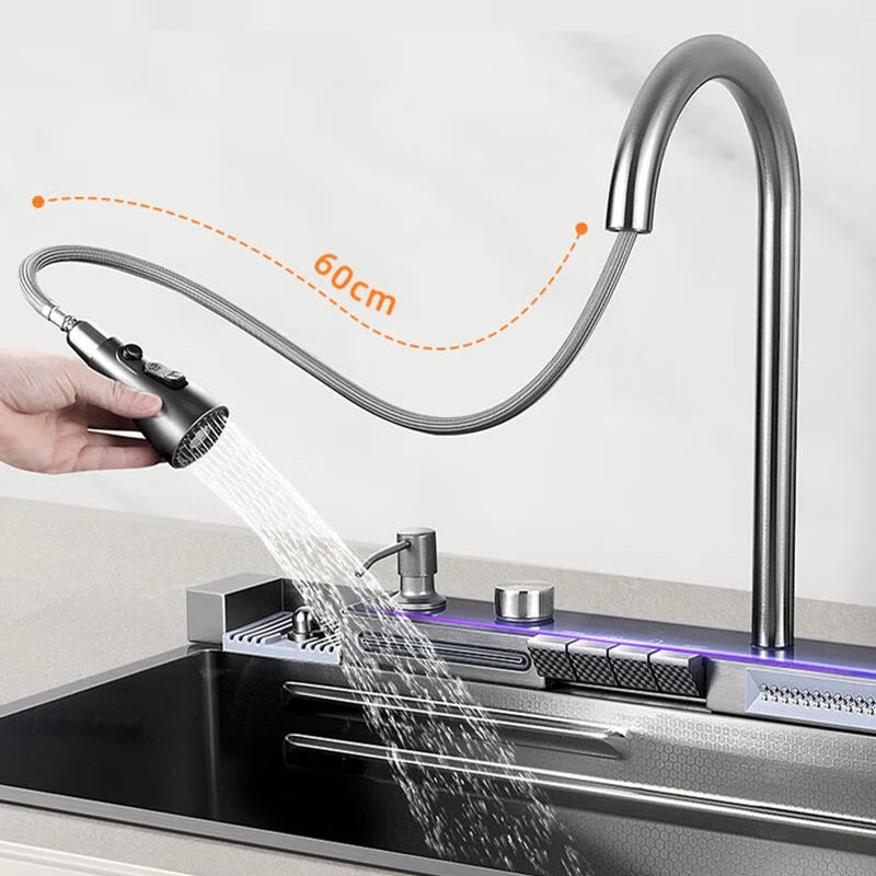 68x46cm Large Capacity Kitchen Sink Faucet Whale Waterfall Design Multifunctional Single Tank Home Appliance Fashionable
