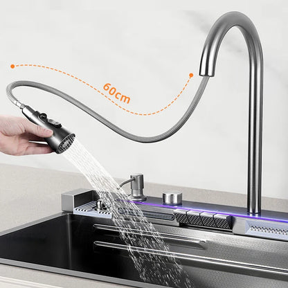 68x46cm Large Capacity Kitchen Sink Faucet Whale Waterfall Design Multifunctional Single Tank Home Appliance Fashionable