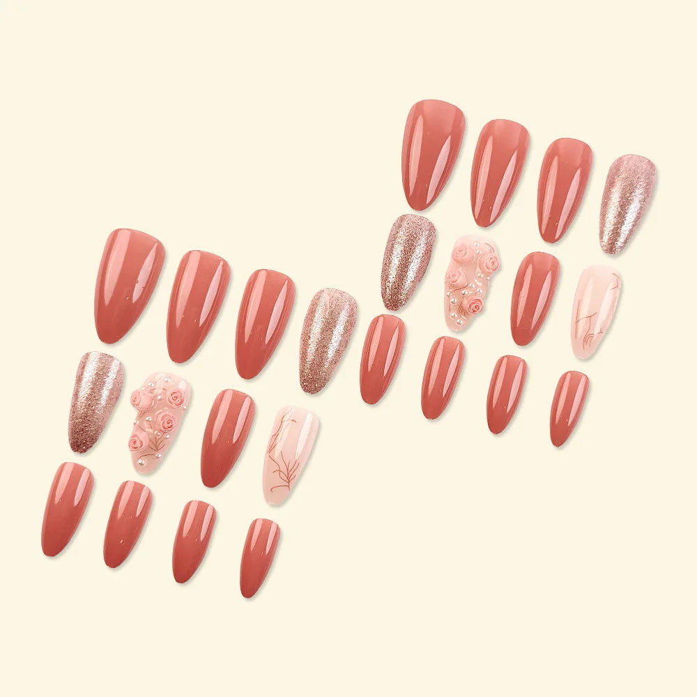 24pcs/set Medium long square fake nails for women girls cute heart flowers feather butterfly design press on false nail art tips.