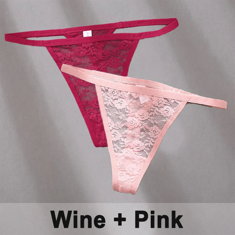 2PCS Sexy Lace Cotton Panties for Women G-String Underwear Perspective Thongs Solid Color Underpants Female Intimates Lingerie.