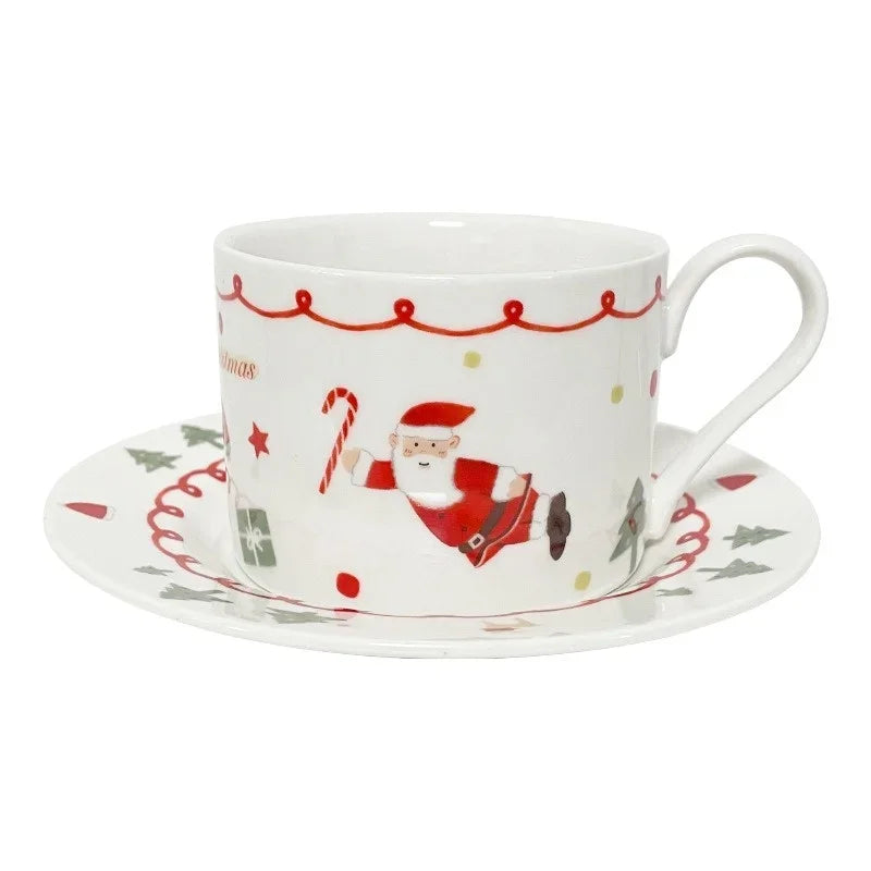Santa Claus Ceramic Coffee Cup and Saucer Suit Hand-painted Christmas Plate Home Breakfast Milk Juice Cup Fruit Dessert Plate.